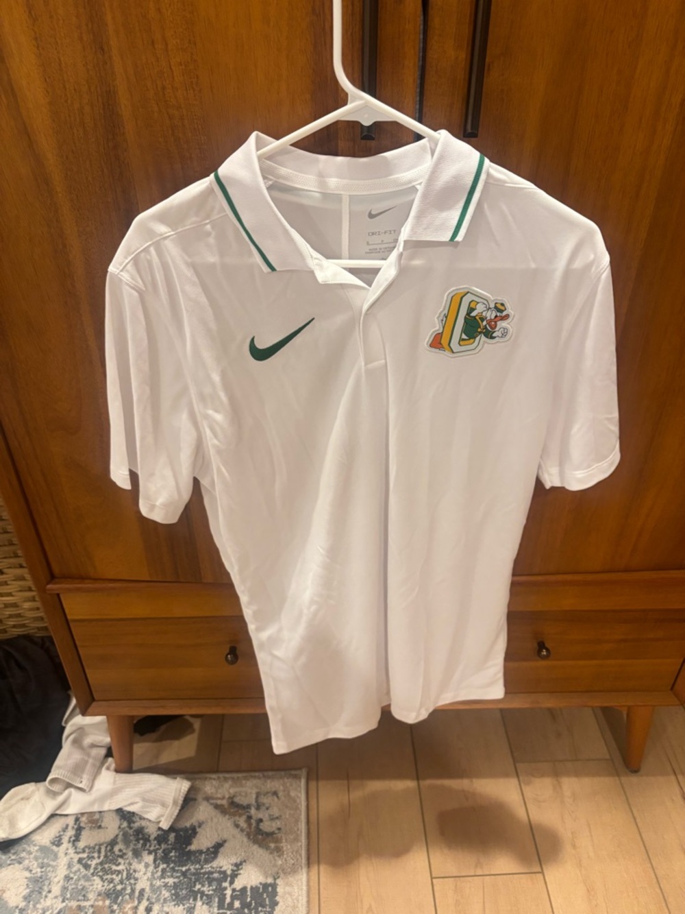 University of Oregon Nike White Polo with Green Swoosh and Patch